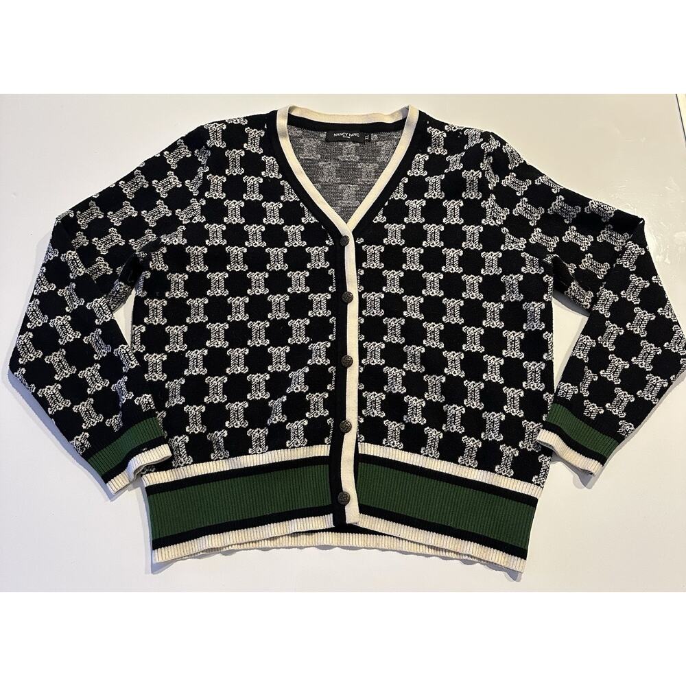 Nancy Yang Womens XL Printed Button-Down Layering Cardigan Sweater Navy Green